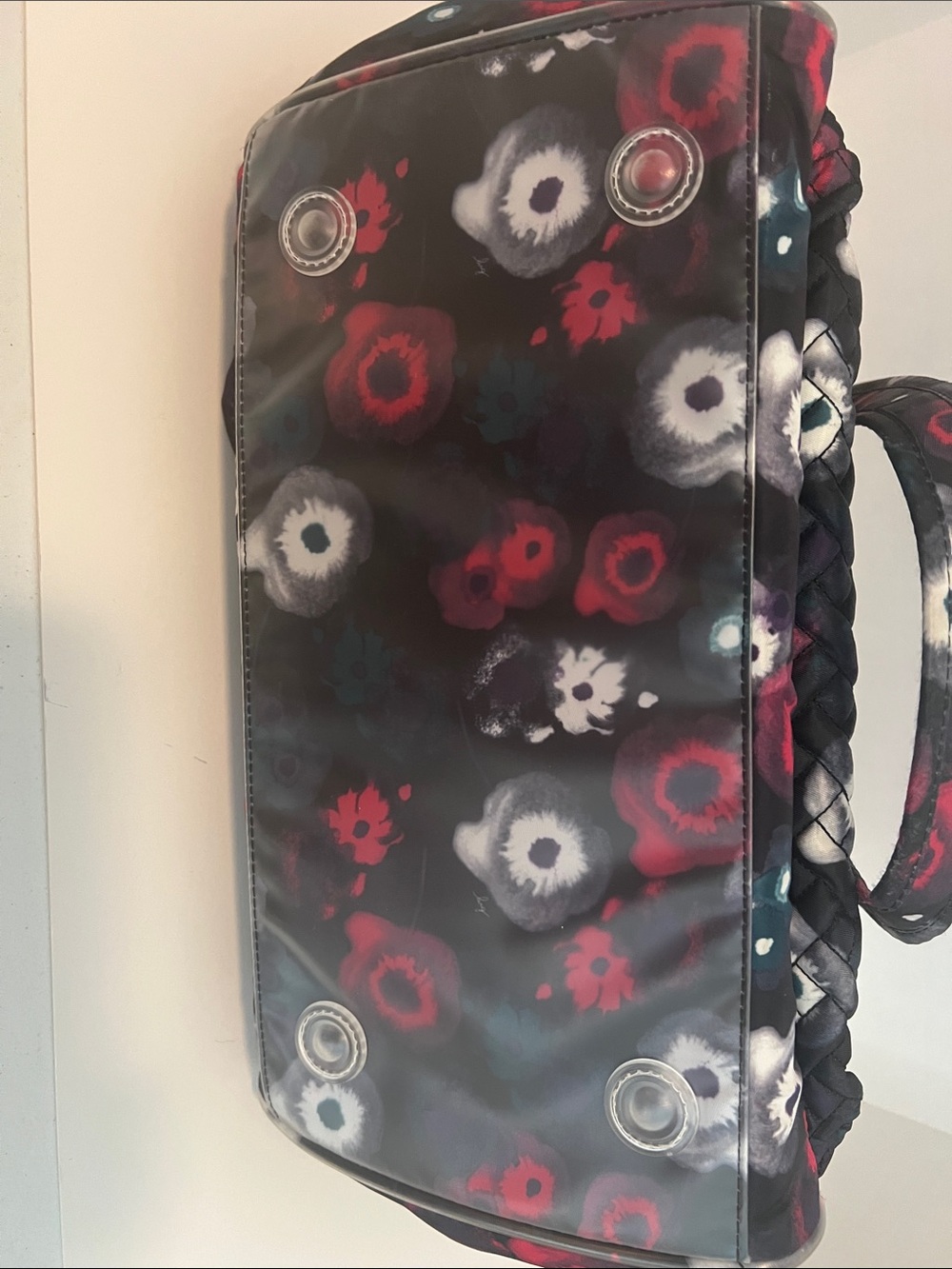 Lug Quilted Watercolor Floral Pattern Tote in Black, Pink, white and some blue - Picture 7 of 8